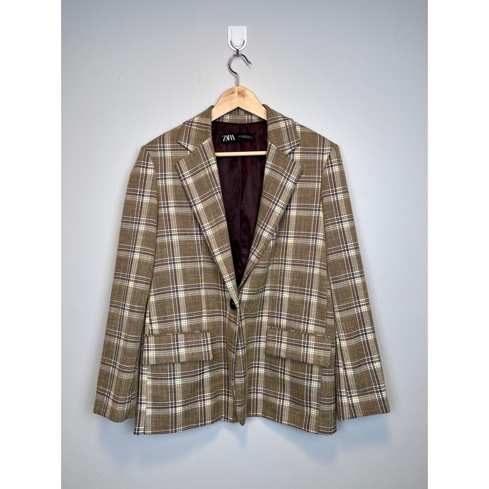 Zara Brown Plaid Oversized Blazer Jacket XS Single Button Notched Lapel‎ Lined